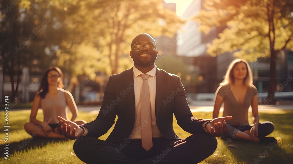 Businessman meditating in urban city park after day at work with diverse colleagues and partners. Peaceful and happy leader demonstrating healthy worklife balance. Wellness, inner peace and happiness - obrazy, fototapety, plakaty 