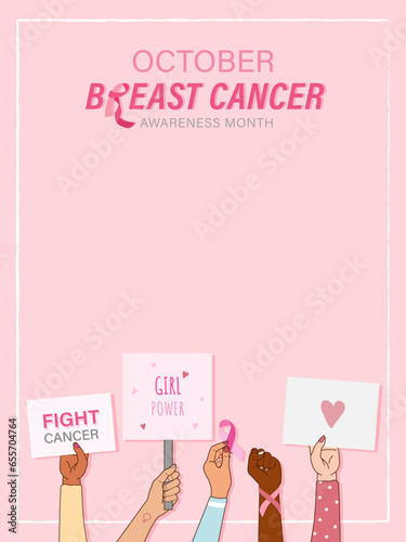 Woman breast cancer awareness month background with diverse famales hands raising showing pink ribbon symbols and motivational quotes
