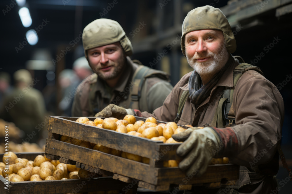 smiling men in uniform holding crates of potatoes at warehouse, checking quality, harvestman