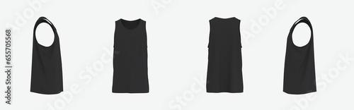 Realistic collection blank mockup for branding man or woman unisex fashion sleeveless t-shirt base cloth sport wear luxury black colour 4 side view 3d rendering image photo