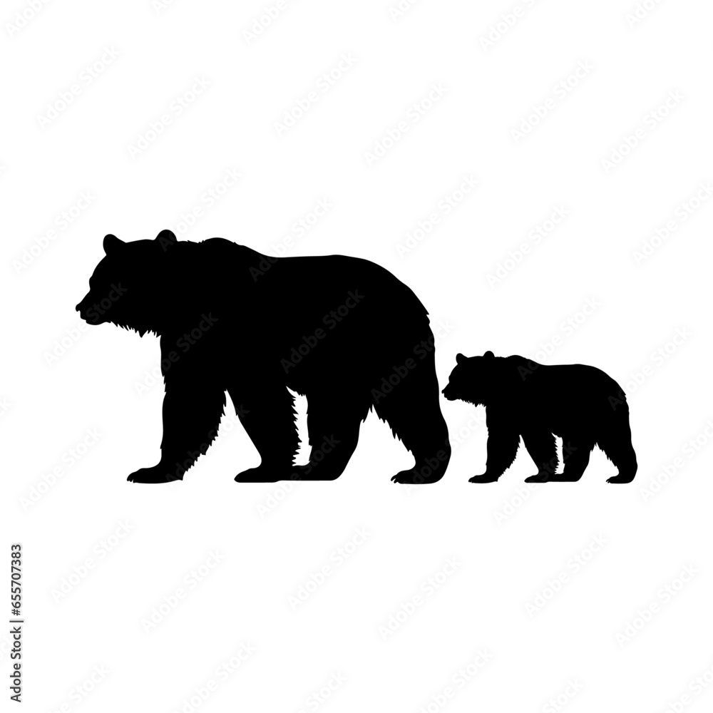 Vector mother bear mama bear with cub silhouette isolated flat vector