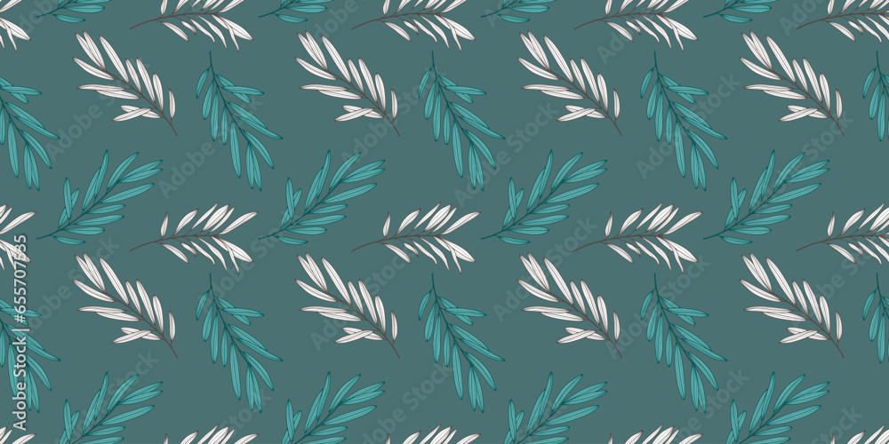 Fototapeta premium Turquoise botanical seamless pattern with white branches and leaves. Vector pattern for children's and women's textiles, wrapping paper, wallpaper, covers and cards.