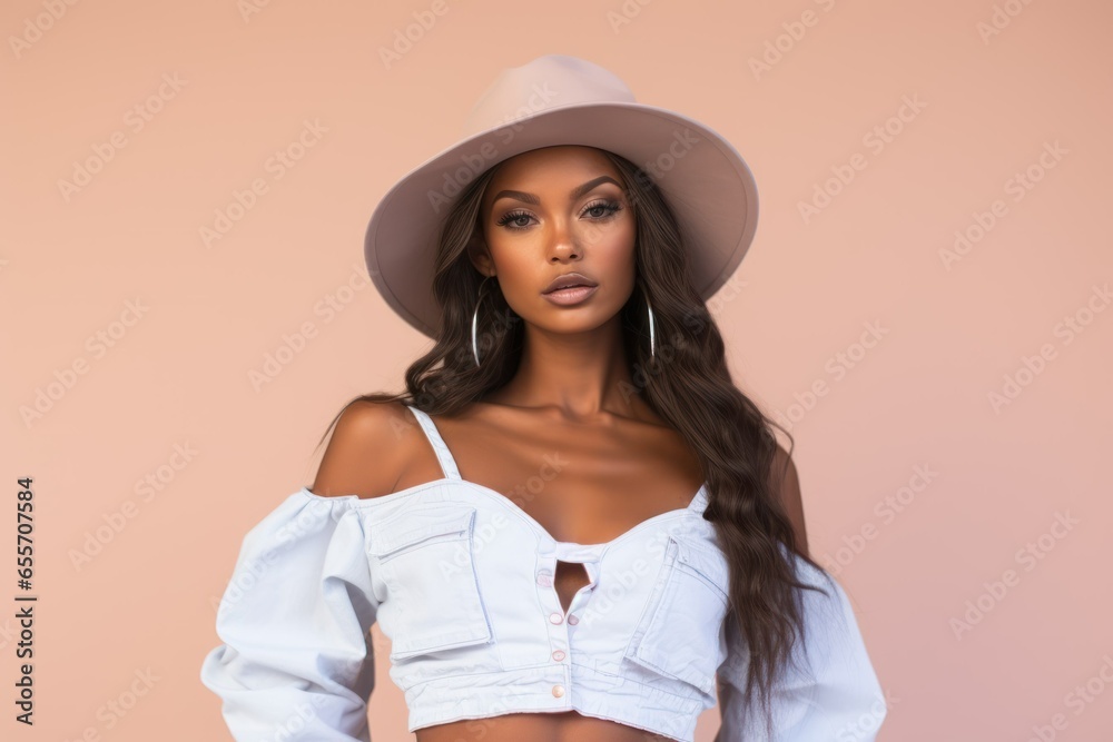 Portrait of a Fictional Stylish and Elegant Woman Model Wearing Casual Chic Clothes. Isolated on a plain background. Generative AI. Portrait of a Fictional Stylish and Elegant Woman Model Wearing Casual Chic Clothes. Isolated on a plain background. Generative AI.