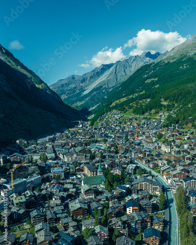 Aerial view of Zermatt, a small town famous for winter destination on the Swiss Alps, Valais, Switzerland.