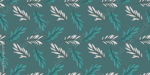 Turquoise botanical seamless pattern with white branches and leaves. Vector pattern for children s and women s textiles  wrapping paper  wallpaper  covers and cards.
