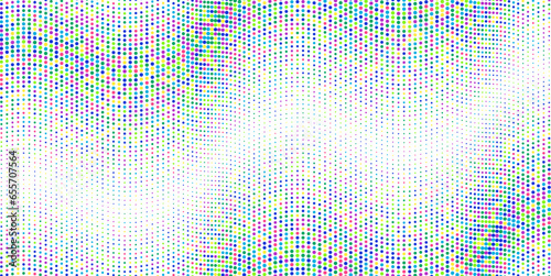 Halftone waves seamless pattern. Abstract multicolor graphic vector background with polka dots. Fun wallpaper with bright confetti. Modern simple geometric pop art backdrop. Optical illusion