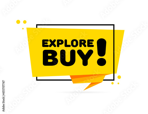 Explore buy sign. Flat, yellow, explore buy sign, lightning shape, explore buy. Vector icon