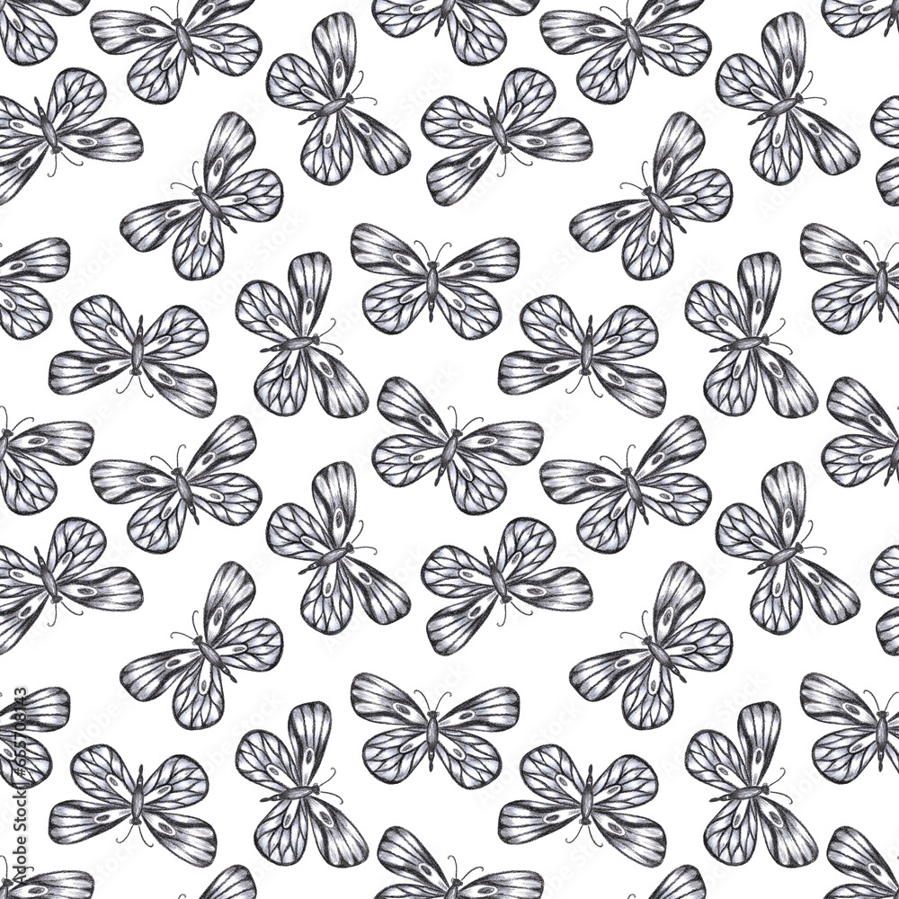 Hand drawn black pencil butterfly seamless pattern isolated on white background. Can be used for textile, fabric, ornament and other printed products.