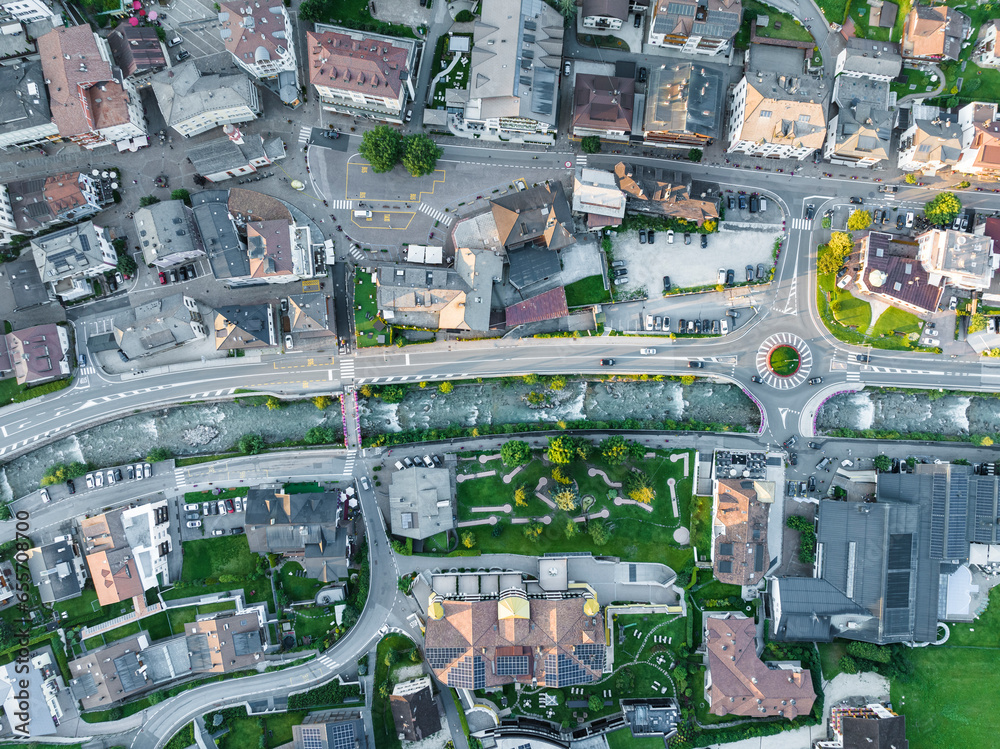 Aerial top down view of Ortisei downtown, a small village on the Dolomites Trentino, South Tyrol in Northern Italy. Aerial top down view of Ortisei downtown, a small village on the Dolomites Trentino, South Tyrol in Northern Italy.