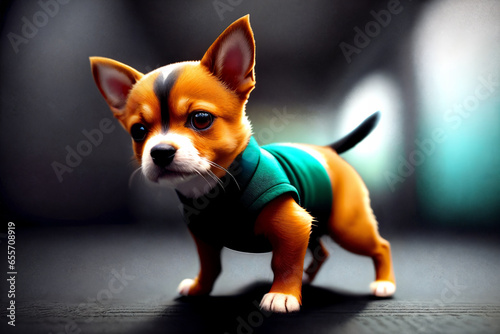 Small dog in green shirt standing on floor on black background and blurred background © Yurii
