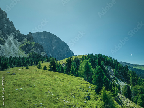 Aerial view of Sassopiatto (Plattkofel), a mountain peak on the Dolomites mountain range in Trentino, South Tyrol in Northern Italy. photo