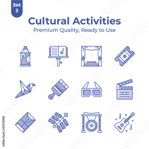 Grab this creatively designed cultural activities icons set, ready to use vectors