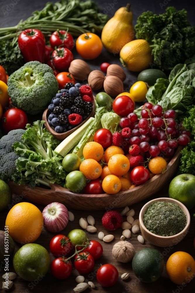 A vibrant and colorful assortment of fruits and vegetables in a wooden bowl