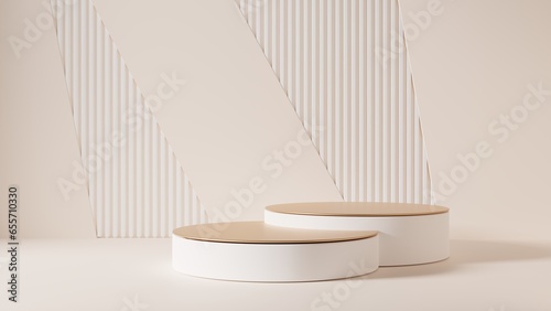White empty podium or pedestal for product presentation on two floors. Mockup platform on beige background. 3d rendering