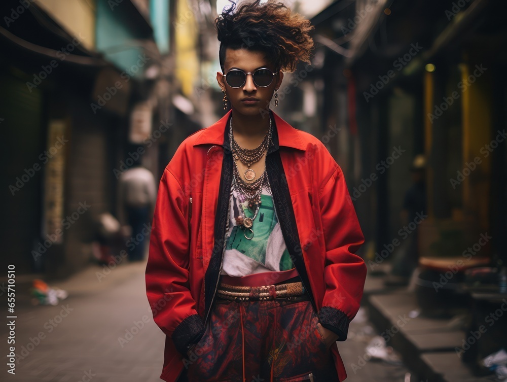 Bold Indian Teenager Showcasing Street Fashion Fusion of Modern and Traditional Elements
