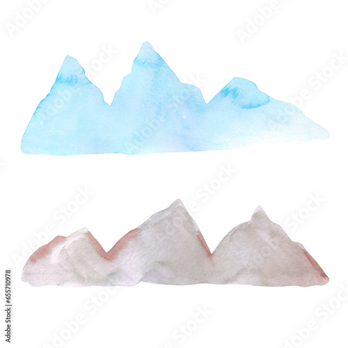 Hand drawn watercolor blue and brown mauntains landscape isolated on white background. Can be used for post card, label and other printed products.