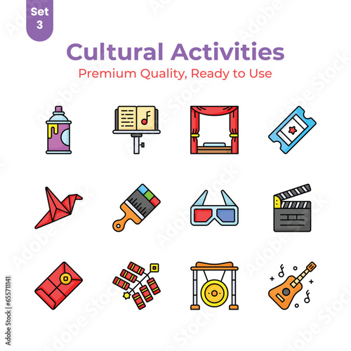 Grab this creatively designed cultural activities icons set, ready to use vectors