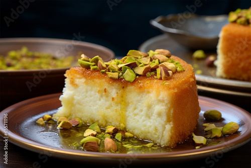 a plate of homemade kunafa with delicious cheese and pistachios photo