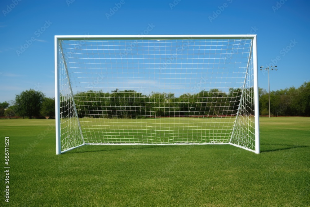 Soccer goal with soccer field green grass sunny day outdoors. - obrazy, fototapety, plakaty 