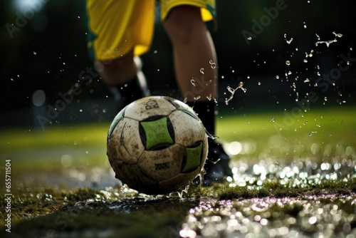 Man with dirty soccer ball near puddle outdoors, closeup © romanets_v