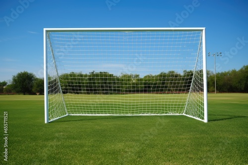 Soccer goal with soccer field green grass sunny day outdoors.