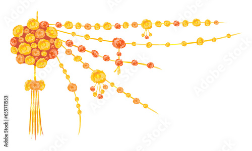 Marigold garland colorful flat illustration. Large flower ball of marigolds. Indian traditional hanging decor for Diwali, festivals, weddings. Isolated on white background.
