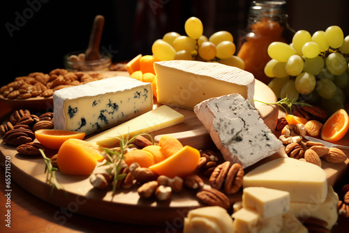 Assorted cheeses, grapes, honey, nuts and spices