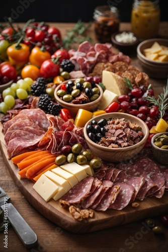 A delicious and colorful charcuterie platter with a variety of meats, cheeses, olives, and tomatoes