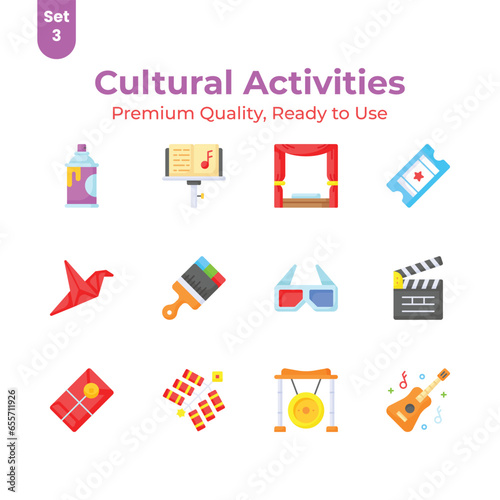 Grab this creatively designed cultural activities icons set, ready to use vectors