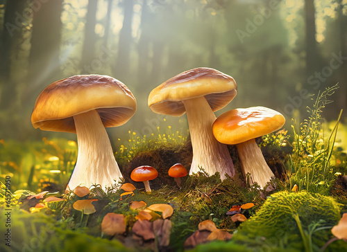 Various mushroom with green moss standing in the forest