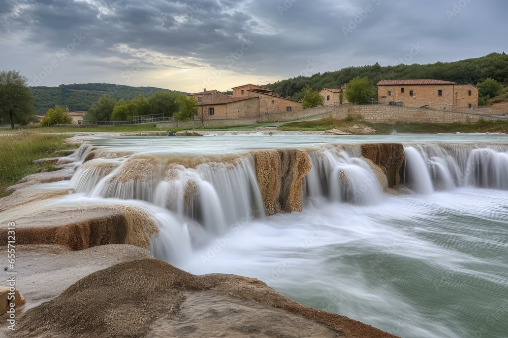 Fototapeta premium A stunning waterfall with a majestic building in the background