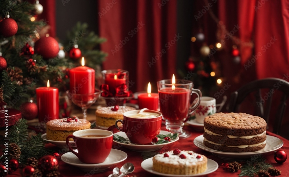 Christmas cake with berries and cup of coffee on the background of the Christmas tree