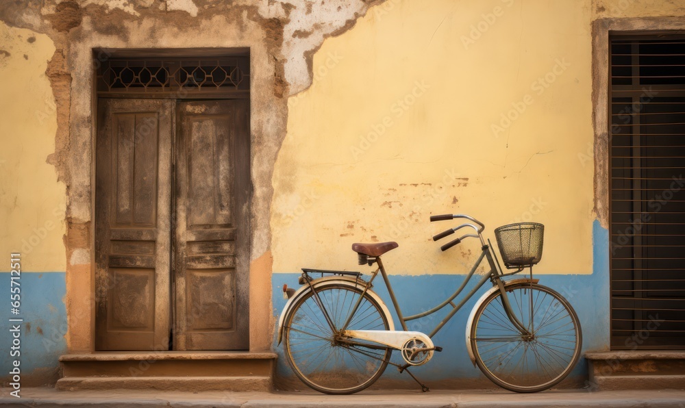 Charming Scene of Old-Fashioned Bicycle Parked by Vintage Building in Indian Village Charming Scene of Old-Fashioned Bicycle Parked by Vintage Building in Indian Village