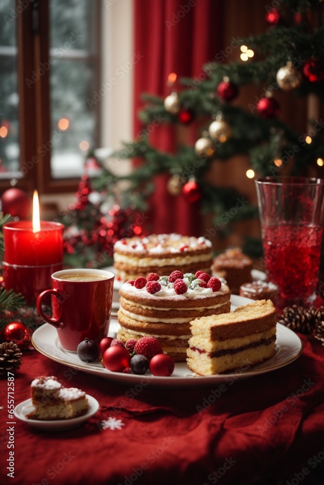 Christmas cake with berries and cup of coffee on the background of the Christmas tree