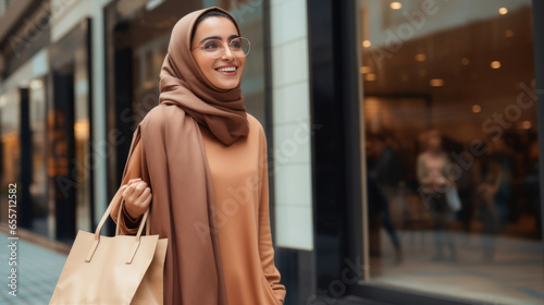 Muslim woman is shopping. With bag in hand, smiling