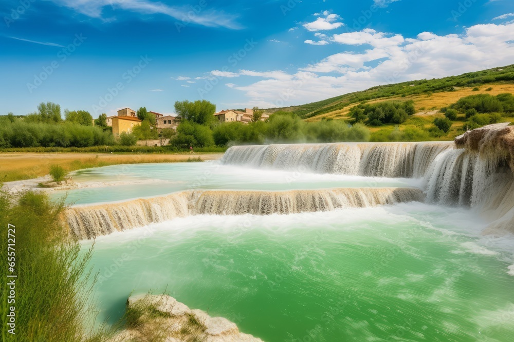 A majestic waterfall surrounded by lush greenery with a charming house in the backdrop