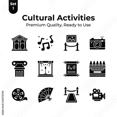 Grab this creatively designed cultural activities icons set, ready to use vectors