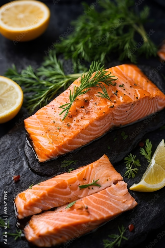 A delicious salmon dish with fresh herbs and tangy lemons on a plate A delicious salmon dish with fresh herbs and tangy lemons on a plate