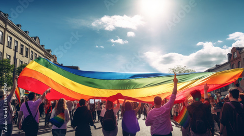 People with rainbow flag on the pride parade