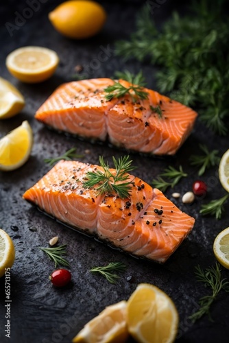 Two beautifully cooked salmon fillets with aromatic herbs and slices of fresh lemon