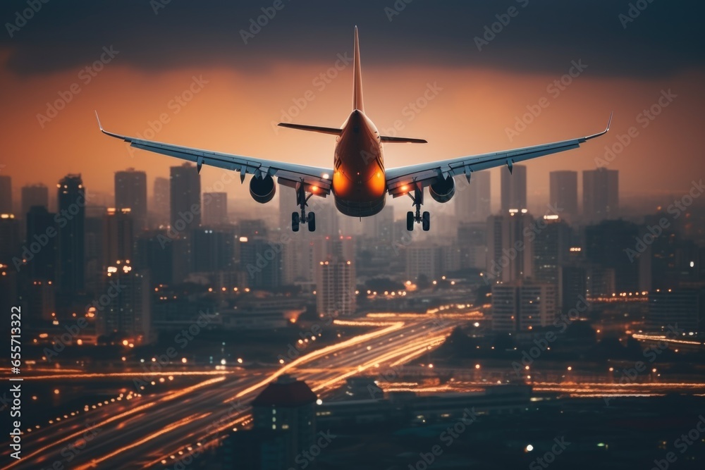 Airplane is flying in colorful sky over the city at night. Landscape with passenger airplane, skyline, purple sky with red and pink clouds. Aircraft is landing at sunset. Aerial view. Transport - obrazy, fototapety, plakaty 