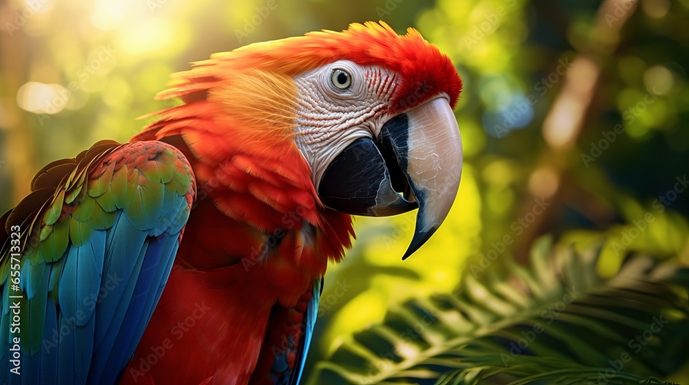 Portrait of a parrot on a dark background. A parrot with orange-red plumage.