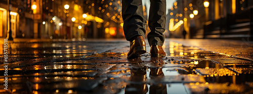A Man Walking Along The Pavement Of An Evening City. Festive Lanterns Decorate The Street. Generative AI