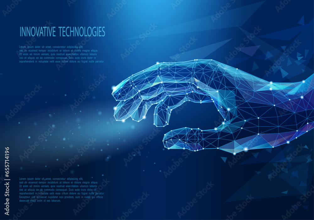 Hand in technological low poly style. Artificial intelligence or robotics concept. Polygonal human hand. Digital innovative business. Wireframe vector illustration. - obrazy, fototapety, plakaty 