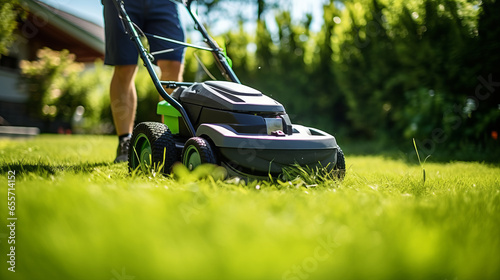 Professional gardener is trimming grass by using the lawnmower photo