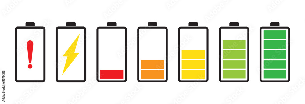 Set of battery full colour vector flat icons. Battery icons set. Battery charging sign and symbol. Battery charge level, vector illustration. - obrazy, fototapety, plakaty 