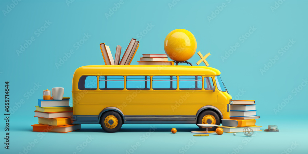 School bus with educational objects. On the background. Looks like toy - obrazy, fototapety, plakaty 