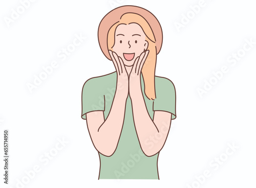 the lady in the hat is happy with the surprise vector illustration