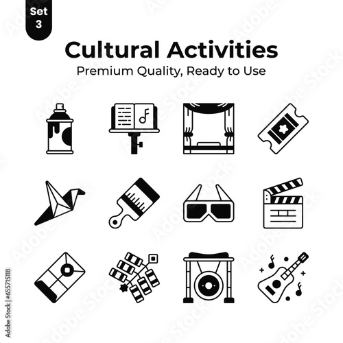 Grab this creatively designed cultural activities icons set, ready to use vectors