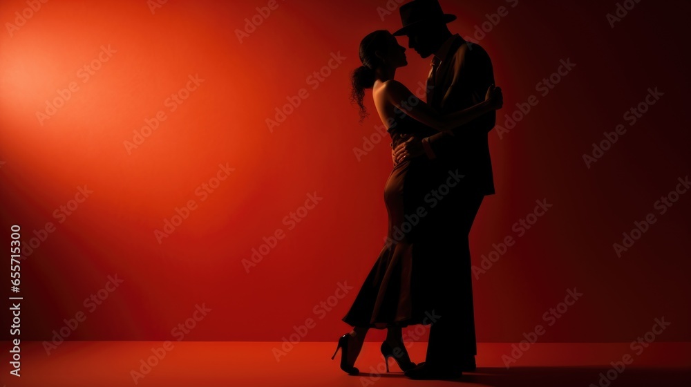Couple of professional tango dancers in elegant suit and dress pose in a dancing. Attractive man and woman dance looking eye to eye. - obrazy, fototapety, plakaty 